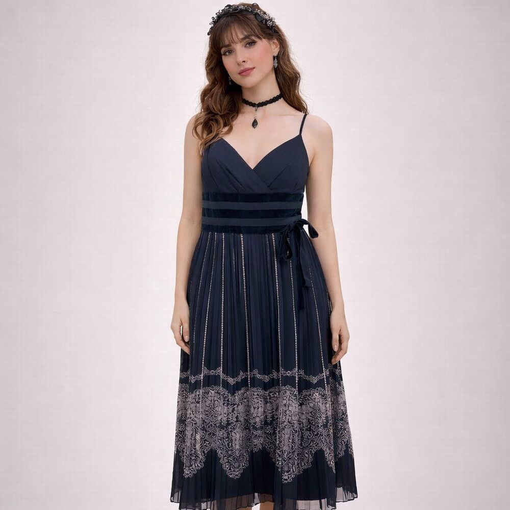 Y2K Babydoll Chiffon Midi Dress 0P Black Pleated Velvet Whimsigoth Fairy Grunge